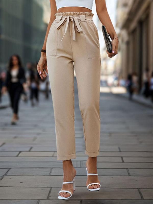 New solid color lace-up elastic waist trousers simple temperament commuter tapered trousers Shello's Creative Boutique