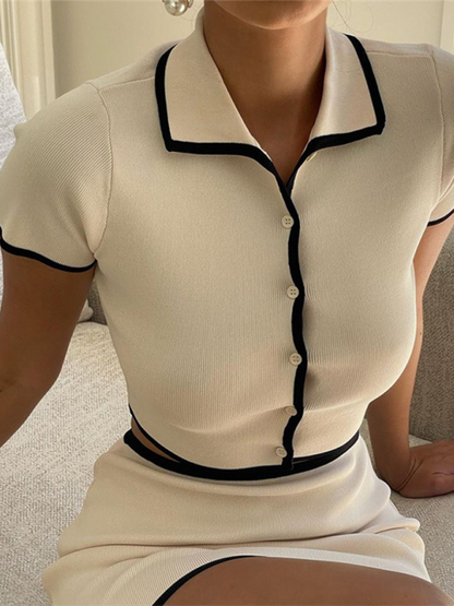 Ladies Short-Sleeved Cardigan Lapel Sexy Hip-Wrapped Short Skirt Suit – Chic, Confident, and Perfect for the Season