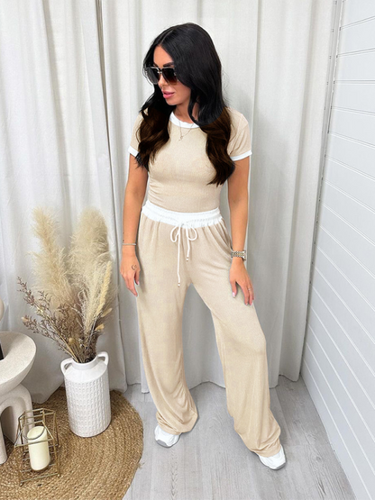 Women Round Neck Short Sleeve Fashion Casual Wide Leg Pants Sports Suit