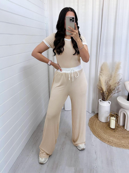 Women Round Neck Short Sleeve Fashion Casual Wide Leg Pants Sports Suit