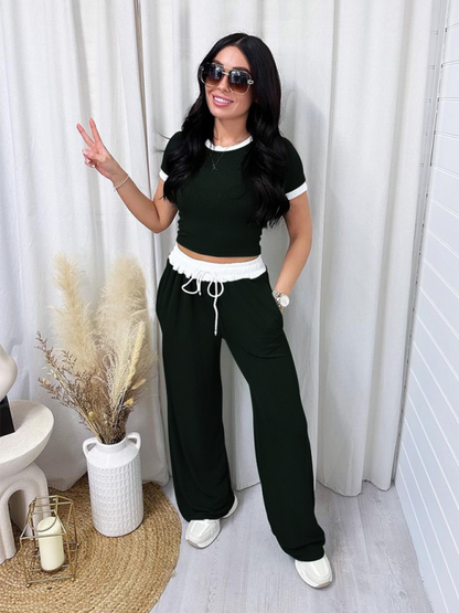 Women Round Neck Short Sleeve Fashion Casual Wide Leg Pants Sports Suit