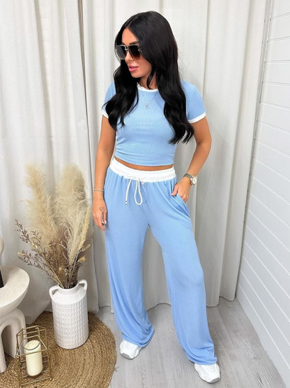 Women Round Neck Short Sleeve Fashion Casual Wide Leg Pants Sports Suit