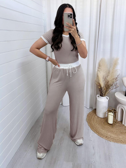 Women Round Neck Short Sleeve Fashion Casual Wide Leg Pants Sports Suit