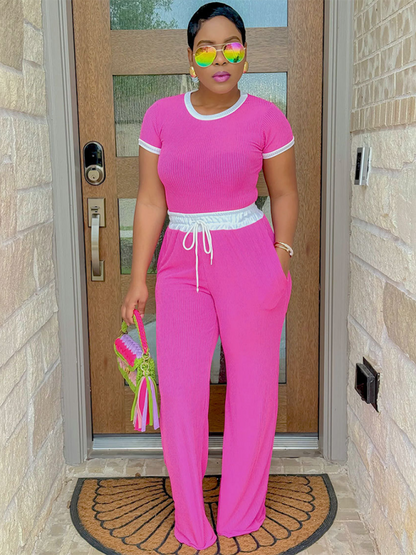 Women Round Neck Short Sleeve Fashion Casual Wide Leg Pants Sports Suit