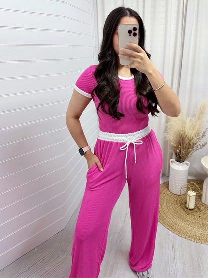 Women Round Neck Short Sleeve Fashion Casual Wide Leg Pants Sports Suit