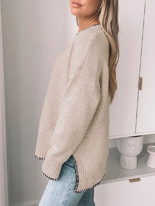 Round Neck Casual Long Sleeve Sweater—Solid Colour Split Pullover