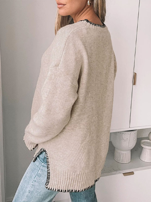 Round Neck Casual Long Sleeve Sweater—Solid Colour Split Pullover