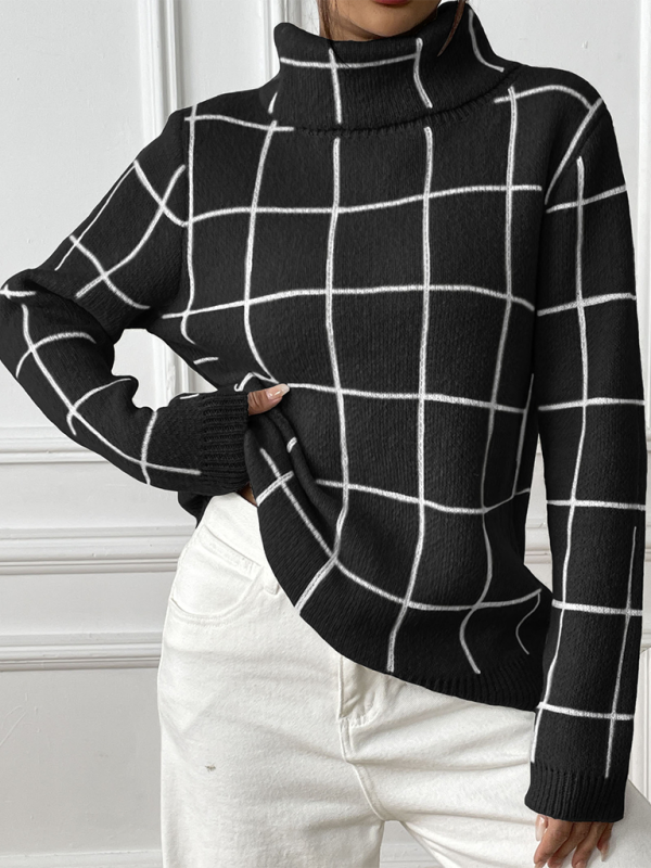Women Contrast Plaid Turtleneck Sweater Top—Elegant and Trendy for Autumn-Winter