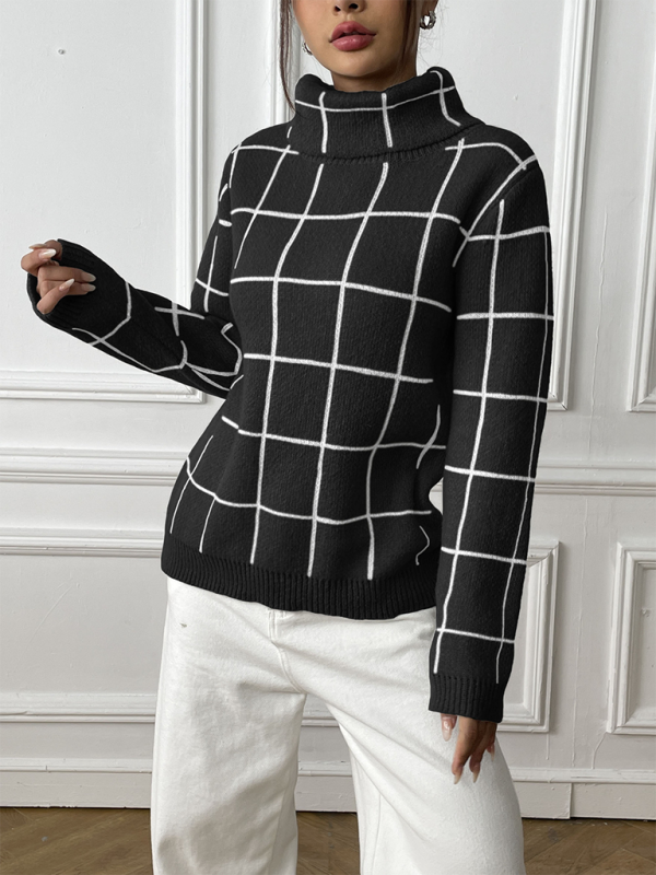 Women Contrast Plaid Turtleneck Sweater Top—Elegant and Trendy for Autumn-Winter