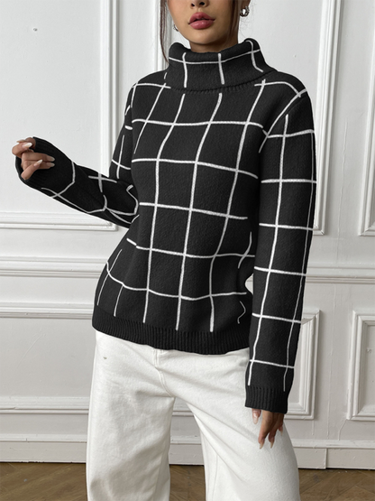 Women Contrast Plaid Turtleneck Sweater Top—Elegant and Trendy for Autumn-Winter