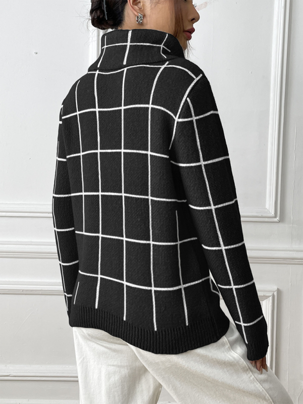 Women Contrast Plaid Turtleneck Sweater Top—Elegant and Trendy for Autumn-Winter