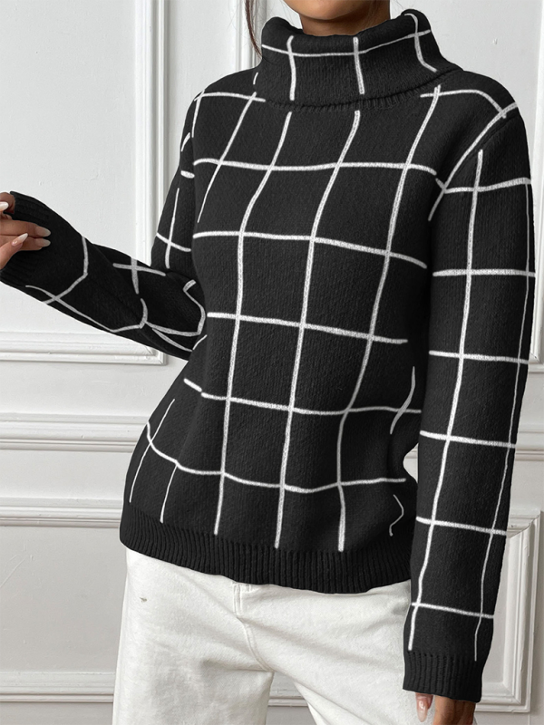Women Contrast Plaid Turtleneck Sweater Top—Elegant and Trendy for Autumn-Winter