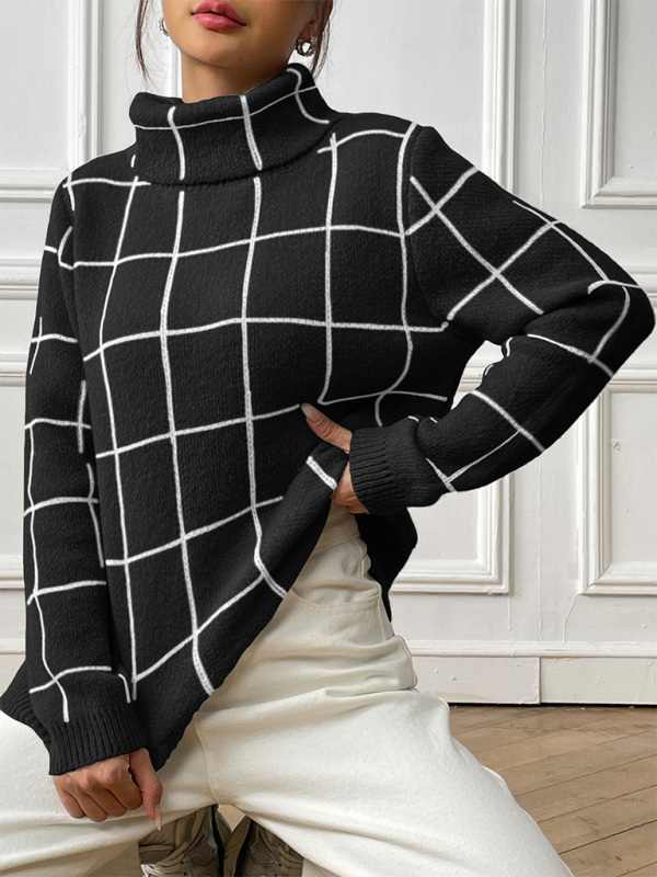Women Contrast Plaid Turtleneck Sweater Top—Elegant and Trendy for Autumn-Winter
