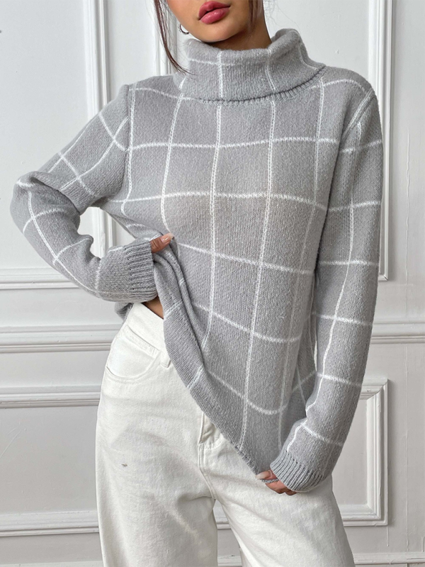 Women Contrast Plaid Turtleneck Sweater Top—Elegant and Trendy for Autumn-Winter