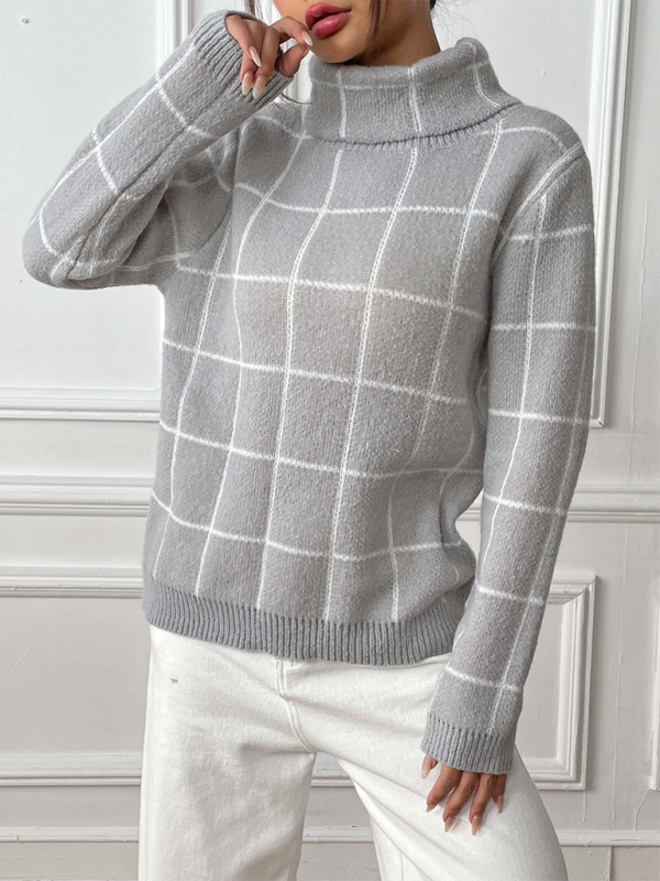 Women Contrast Plaid Turtleneck Sweater Top—Elegant and Trendy for Autumn-Winter