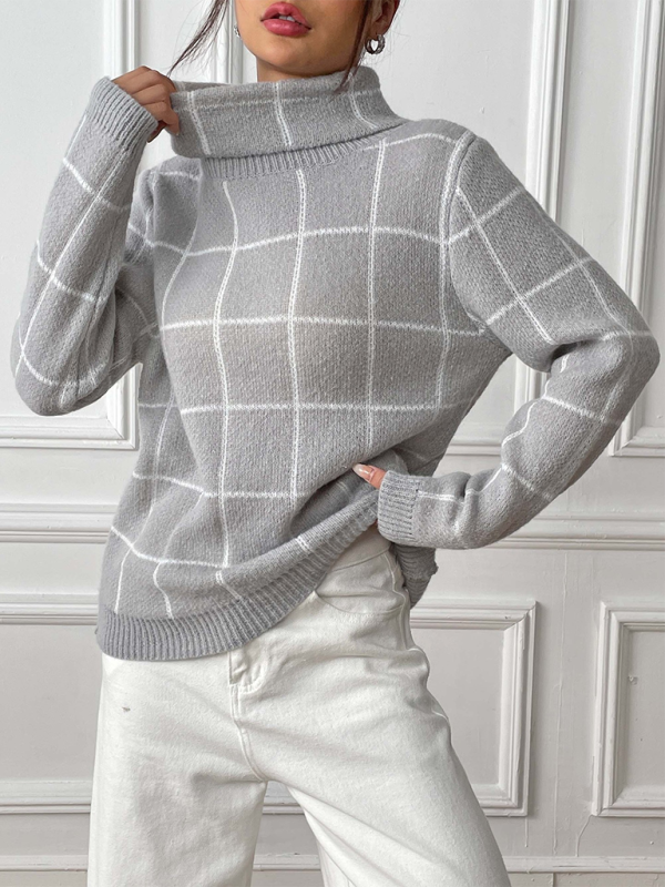 Women Contrast Plaid Turtleneck Sweater Top—Elegant and Trendy for Autumn-Winter