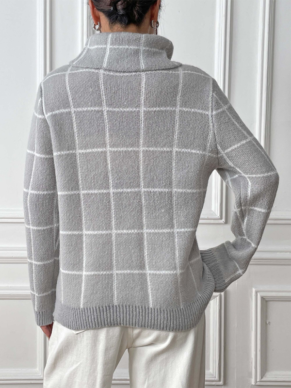 Women Contrast Plaid Turtleneck Sweater Top—Elegant and Trendy for Autumn-Winter