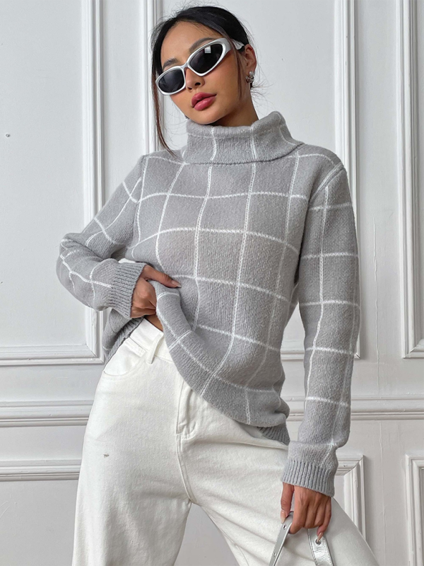 Women Contrast Plaid Turtleneck Sweater Top—Elegant and Trendy for Autumn-Winter