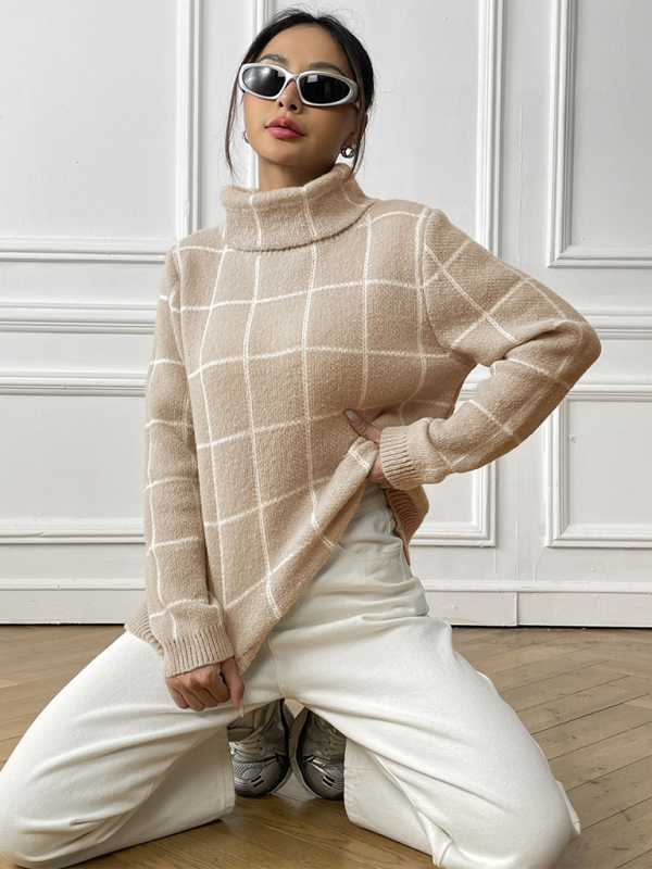 Women Contrast Plaid Turtleneck Sweater Top—Elegant and Trendy for Autumn-Winter