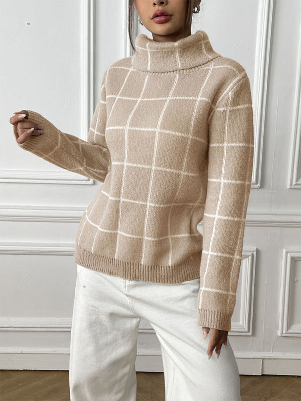 Women Contrast Plaid Turtleneck Sweater Top—Elegant and Trendy for Autumn-Winter