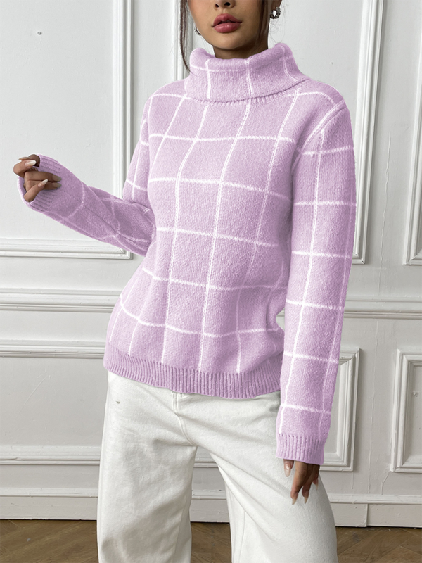 Women Contrast Plaid Turtleneck Sweater Top—Elegant and Trendy for Autumn-Winter