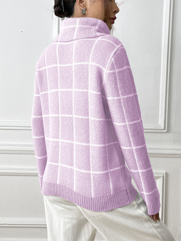 Women Contrast Plaid Turtleneck Sweater Top—Elegant and Trendy for Autumn-Winter