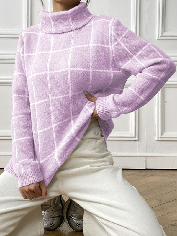 Women Contrast Plaid Turtleneck Sweater Top—Elegant and Trendy for Autumn-Winter