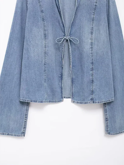 Women's Denim Shirt with Pussy Bow - Shello's Creative Boutique