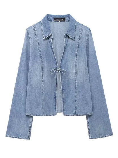 Women's Denim Shirt with Pussy Bow - Shello's Creative Boutique