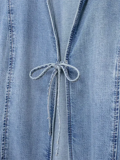 Women's Denim Shirt with Pussy Bow - Shello's Creative Boutique