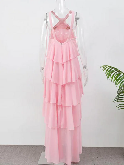 Sweet Pink Halter Neck Dress – Elegant Backless Layered Cake Design for Every Occasion - Shello's Creative Boutique