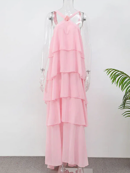 Sweet Pink Halter Neck Dress – Elegant Backless Layered Cake Design for Every Occasion - Shello's Creative Boutique