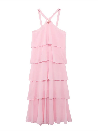Sweet Pink Halter Neck Dress – Elegant Backless Layered Cake Design for Every Occasion - Shello's Creative Boutique