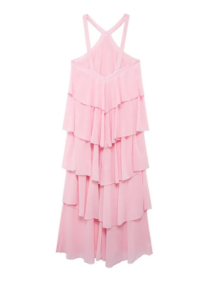 Sweet Pink Halter Neck Dress – Elegant Backless Layered Cake Design for Every Occasion - Shello's Creative Boutique