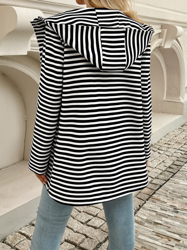 Striped Cardigan Hooded Knit Long Sleeve Coat – A Stylish Essential for Comfort and Warmth