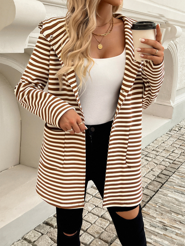 Striped Cardigan Hooded Knit Long Sleeve Coat – A Stylish Essential for Comfort and Warmth