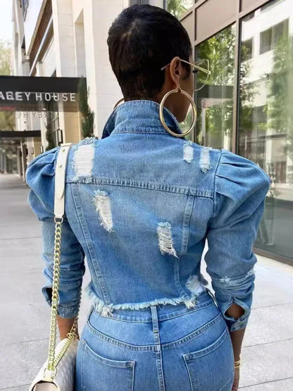 Women's Denim Puff Sleeve Jacket – Elevate Your Style with Effortless Sophistication! - Shello's Creative Boutique