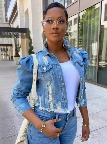 Women's Denim Puff Sleeve Jacket – Elevate Your Style with Effortless Sophistication! - Shello's Creative Boutique