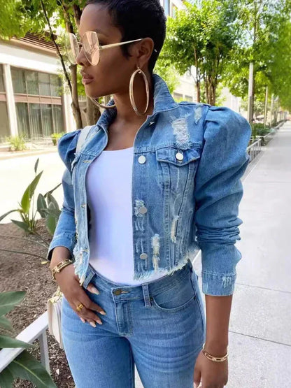 Women's Denim Puff Sleeve Jacket – Elevate Your Style with Effortless Sophistication! - Shello's Creative Boutique