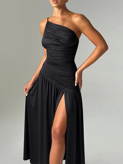 Strapless Off-Shoulder Dress with Gathered Slit - Perfect for Special Occasions - Shello's Creative Boutique