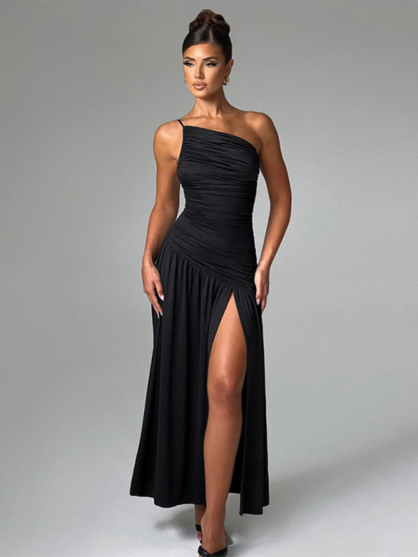 Strapless Off-Shoulder Gathered Slit A-Line Dress – A Stunning Statement for Special Occasions