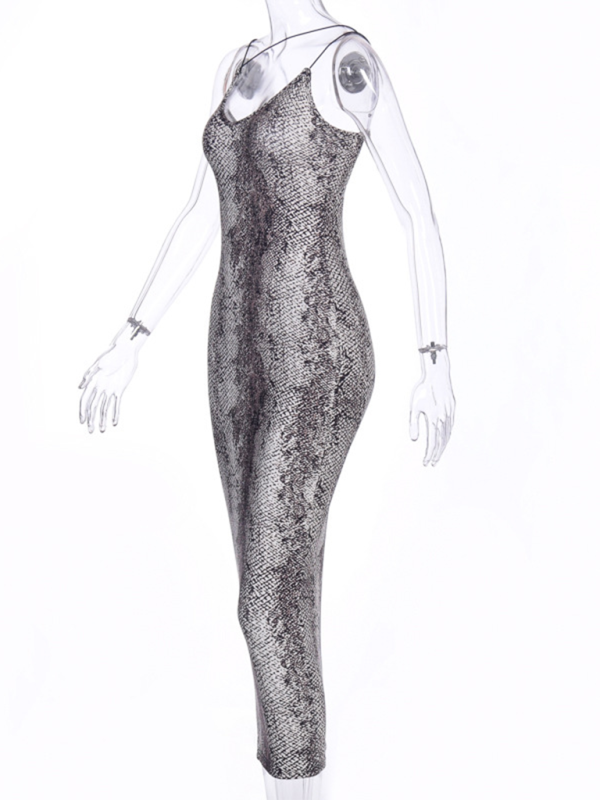 Suspender Sleeveless V-neck Leopard Snake Print Dress Fashion Sexy Midi Dress Shello's Creative Boutique