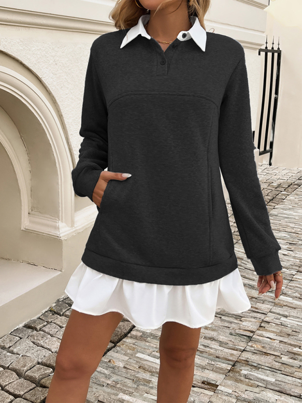 Women's Casual Loose Pocket Patchwork Polo Neck Sweatshirt Dress – Relaxed Elegance for Effortless Style