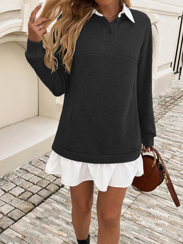 Women's Casual Loose Pocket Patchwork Polo Neck Sweatshirt Dress – Relaxed Elegance for Effortless Style