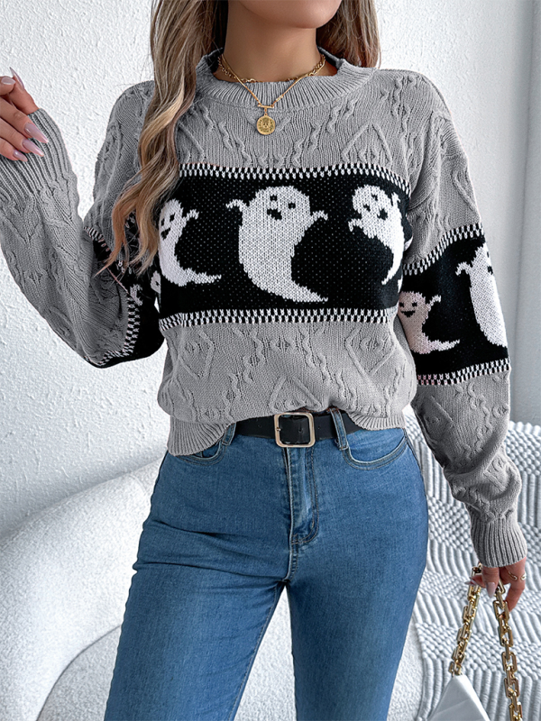 Halloween Themed Spooky Clashing Color Knit Long Sleeve Pullover Sweater—Festive and Stylish