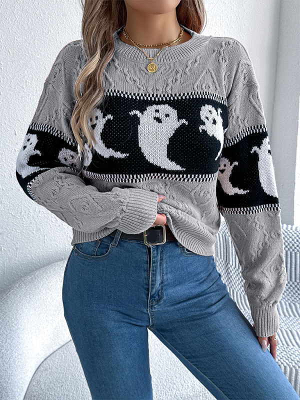 Halloween Themed Spooky Clashing Color Knit Long Sleeve Pullover Sweater—Festive and Stylish