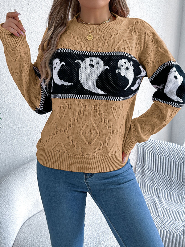 Halloween Themed Spooky Clashing Color Knit Long Sleeve Pullover Sweater—Festive and Stylish
