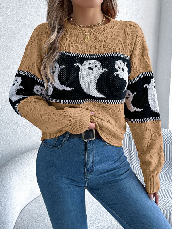 Halloween Themed Spooky Clashing Color Knit Long Sleeve Pullover Sweater—Festive and Stylish
