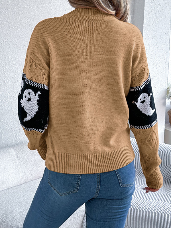 Halloween Themed Spooky Clashing Color Knit Long Sleeve Pullover Sweater—Festive and Stylish