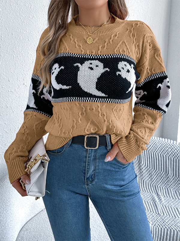 Halloween Themed Spooky Clashing Color Knit Long Sleeve Pullover Sweater—Festive and Stylish